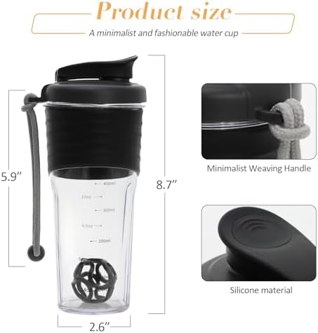 Shaker Bottle for Protein Mixes，24 oz，Protein Shaker Bottles with Whisk Ball, Mixer Bottle, Protein Bottle,Portable Pre Workout Whey Protein Drink Shaker Cup，Black