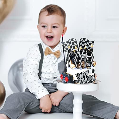 Cindeer 12 Pcs Racing Cars Themed Birthday Candles Black and White Checkered Flag Cupcake Topper for Racing Cars Party Decoration Baby Shower for Boys Children