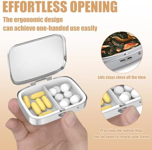 Pill Box-2 Compartment Small Pill Case Square Organizer Case with Mirror Portable Metal Medicine Box Travel Container for Pocket & Purse Women Men（Cute Fox Mushroom）