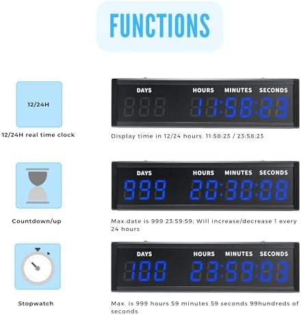 Large Digital Count Up Count Down Timer, Multi-Function 999 Days Countdown Remote Control 12/24 Hour Real Time Clock Calendar, Blue Large Display(18.8"*5") Buzzer Alert for Event