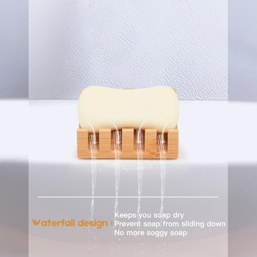 Shampoo Bar and Sponge Holders for Shower – Self-Draining Bamboo Soap Dish Tray, 2 Pack Wooden Soap Saver Racks for Conditioner Bars, Razor, Sink, Bathroom, Kitchen, or Travel
