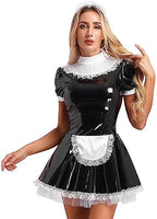 YiZYiF Women's Wet Look PVC Leather French Maid Costume Outfits Ruffles Mini Dress Apron Fancy Dress