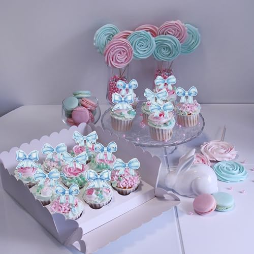 40pcs Edible Blue Bowknot Cupcake Toppers Wafer Paper Bowknot Cake Dessert Picks Baby Shower Princess Cupcake Toppers for Birthday Party Decoration Supplies