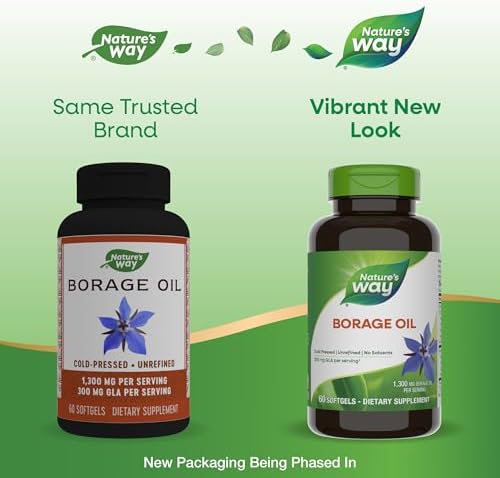 Nature's Way Borage Oil Supplements, Cold Pressed & Unrefined, 300 mg GLA and 440 mg Linoleic Acid per Serving, 60 Softgels (Packaging May Vary)