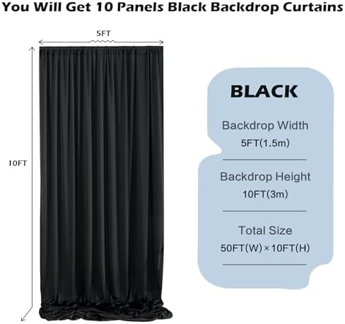 50ft x 10ft Wrinkle Free Black Backdrop Curtain for Parties, 10 Panels Silky Polyester Black Weddings Drapes for Backdrop 10 ft Photo Back Drop Cloth for Birthday Graduation Photography Background