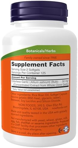 NOW Foods Supplements, Odorless Garlic (Allium sativum), Concentrated Extract, 250 Softgels