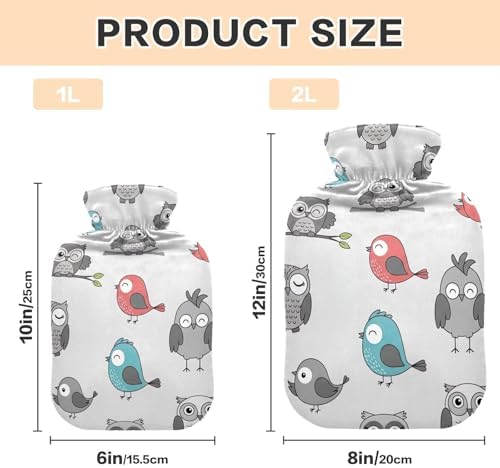 Cute Owls Birds Grey Hot Water Bottle with Soft Cover Hot Water Bag for Neck, Shoulder and Menstrual Cramps Medium