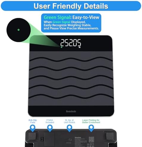 Homebuds 660lb Scale for Body Weight, Precision 0.1lb by Our Professional Scale Factory Since 2001, Smart Digital Weight Scale BMI Via APP, 8mm Non Slip Tempered Glass 12.4 * 12.4in, LED, Black