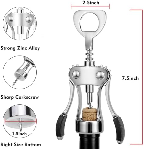 KORCCI Wine Opener 2 Pcs, Wine Bottle Opener, Zinc Alloy Wing Corkscrew Heavy Duty, Cork Screw Beer Opener for Bartenders, Multifunctional Bottle Opener for Kitchen, Restaurant, Bar, Waiters （Silver）