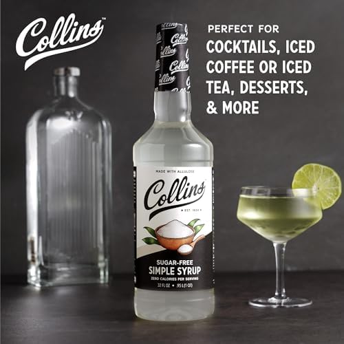 Collins Sugar Free Simple Syrup For Drinks, Allulose Coffee Syrups, Low Carb Cocktail Sweetener Keto 32oz. Set of 1