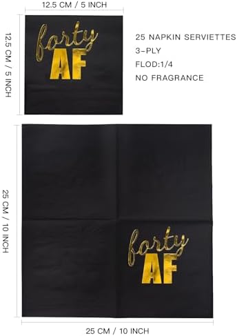 WRAPAHOLIC 25Pcs 40th Birthday Cocktail Napkins - 3-Ply Black Gold Foil Forty AF Lettering Disposable Paper Napkins for Birthday Party Tableware Party Supplies - 5 x 5 In