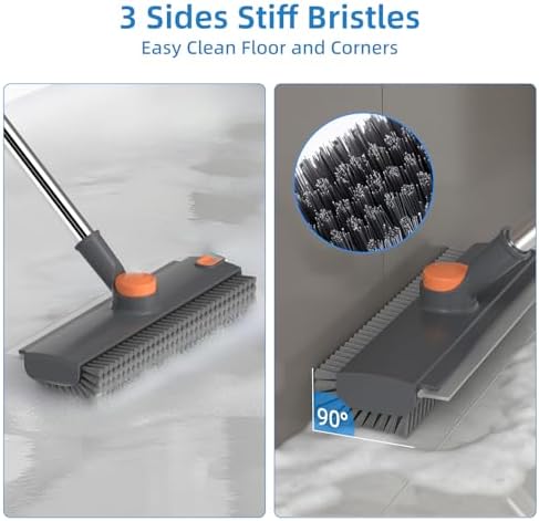 Scrub Brush with Long Handle, Floor Scrub Brush Squeegee Broom for Cleaning, 3 in 1 Shower Scrubber Floor Broom Squeegee for Concrete Tile Wall Deck Patio Grey