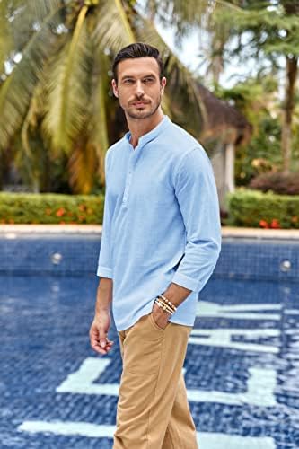 Karlywindow Mens Linen Henley Shirts Long Sleeve Hippie Yoga Summer Beach Casual Henleys T-Shirt