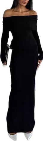 LOUSEA Womens Off The Shoulder Sweater Dress Stripes Print Long Sleeve Fall Maxi Dress Knitted Bodycon Dresses