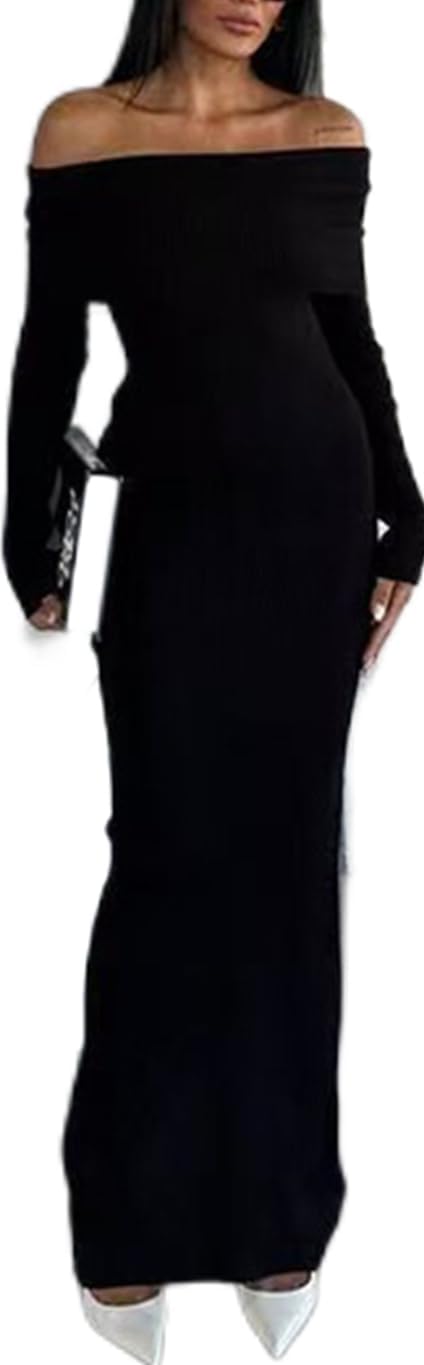 LOUSEA Womens Off The Shoulder Sweater Dress Stripes Print Long Sleeve Fall Maxi Dress Knitted Bodycon Dresses