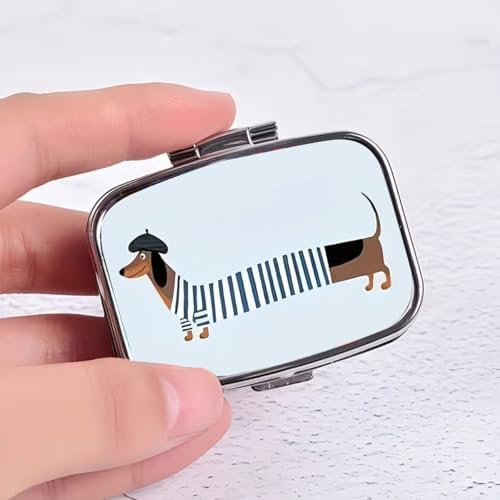 Dachshund Pill Box 2 Compartment Small Pill Case for Purse & Pocket Travel Portable Metal Medicine Box to Hold Vitamins Medication Fish Oil Supplements Dachshund for Women Men (YH3880)