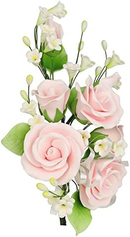 O'Creme Gumpaste Edible Flower Spray for Cake Decorating, Pastel Pink Garden Rose Sugar Paste Flower Decoration for Cakes, Candy, Cupcake Toppers - Birthday, Wedding, Valentines Day, Baby Shower