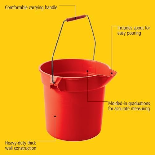 Rubbermaid Commercial Products Brute Heavy-Duty Round Bucket, 10-Quart, Red, Corrosive-Resistant Pail with Handle for Cleaning/Material Transport