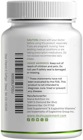 Vitamin E Supplements, 1,000 IU Per Serving, 240 Softgels – Extra Strength Antioxidant Protection – Bioavailable Stable Form – Skin, Heart, Brain, & Immune Support – Non-GMO
