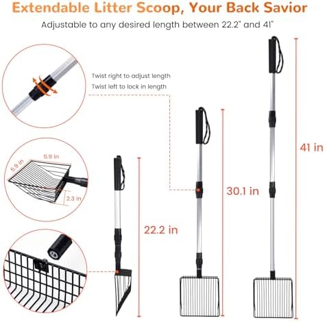 Metal Cat Litter Scoop with Holder, 43" Extendable Long Handle Cat Scooper for Litter Box, Solid & Durable, Deep Shovel for Fast Sifting, Large Pet Pooper Scooper for Kitty/Outside Dog Poop