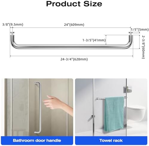 Ranbo Glass Shower Door Towel Bar 24 Inch Stainless Steel Sliding Shower Door Handle Replacement with Polished Chrome Finish for Commercial and Residential Glass Doors