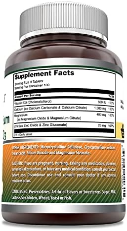 Amazing Formulas Calcium Magnesium Zinc D3 - 300 Tablets Per Bottle Supplement (Calcium 1000mg - Magnesium 400mg - Zinc 25mg Plus Vitamin D3 600 IU - Per Serving of 3 Tablets)