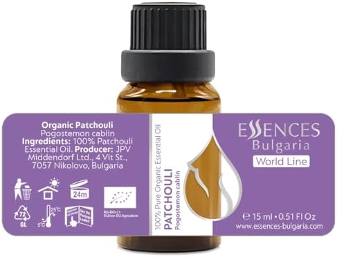 Essences Bulgaria Organic Patchouli Essential Oil 0.51 Fl Oz 15ml Pogostemon cablin - 100% Pure Natural Undiluted Therapeutic Grade for Aromatherapy Diffuser Sauna, DIY Perfume, Soap and Candle Making