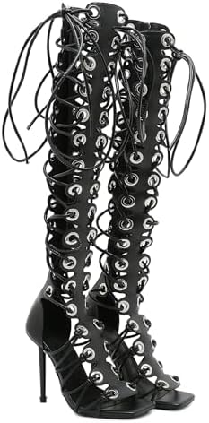 STUPMARY Women Peep Toe Sandals Cut-outs Cross-tied Lace Up High Heeled Gladiator Sandals Zipper Over The Knee Bootie Summer