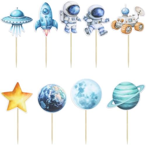Gyufise 36Pcs Space Astronaut Cupcake Toppers Planet Rocket Telescope Trip to the Moon Cupcake Picks for Outer Space Baby Shower Gender Reveal Birthday Party Cake Decorations Blue