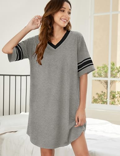 Ekouaer Nightgowns for Women Cotton Night Gown Short Sleeve Sleepwear V Neck Color Block Sleep Shirts Ladies Night Shirts