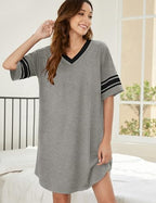 Ekouaer Nightgowns for Women Cotton Night Gown Short Sleeve Sleepwear V Neck Color Block Sleep Shirts Ladies Night Shirts