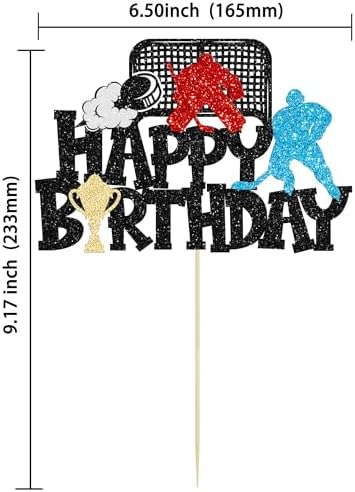 1Pc Hockey Happy Birthday Cake Topper Glitter Ice Hockey Player Sports Theme Cake Pick Decorations for Hockey Theme Baby Shower Boys Girls Birthday Party Supplies Black