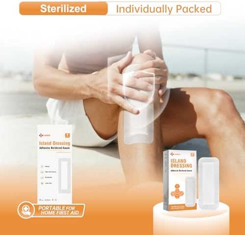 Carbou Island Dressing Bordered Gauze 4"x10" - 25 Sterile Individually Wrapped Pads | Non-Stick Center with Water-Resistant Adhesive Border | Medical Grade Non-Woven Backing for Wound Care & First Aid