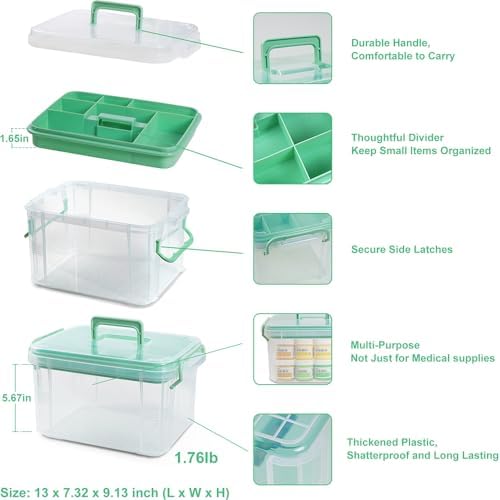 15qt Clear Medicine Organizer Storage Box with Tray, Plastic First Aid Box Empty, Thickened Medicine Container Chest, Multipurpose Medical Case with Labels, Medicine Caddy with Lids Handles