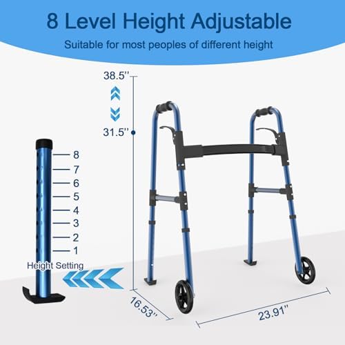 Loyoda Folding Walkers for Seniors, Medical Walker 5'' Front Wheel Lightweight Walker with Storage Bag and Skis Glides Height Adjustable Aluminum Compact Standard Walker （Blue）