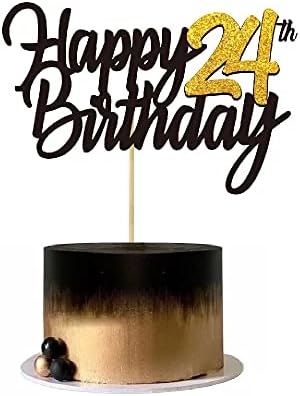 Happy 24th Birthday Cake Toppers Glitter 24th Anniversary Cake Topper 24 Years Loved Bday Decorations 24 Gold Birthday Cake Decorations Twenty-four Party Supplies for Women Men(Black Gold)