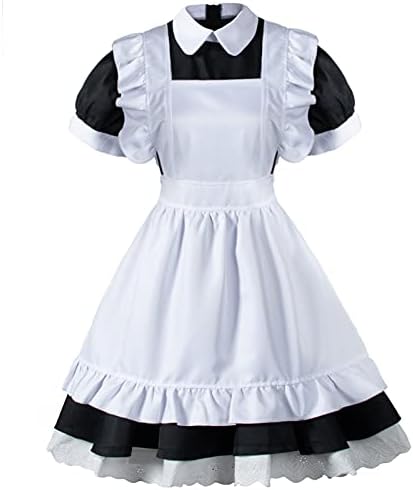 Wannsee Japanese Anime 6Pcs Lolita French Maid Apron Fancy Dress Cosplay Costume Gloves Headwear Socks set(Black S)