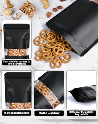 100 Pack Smell Proof Bags, Resealable Bags with Matte Window, Foil Pouch Stand Up Sealable Bags for Packaging（Black,3.5" x 5.1"）