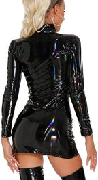 FEOYA Latex Dress for Women Sexy Faux Leather Wet Look Lingerie Dominatrix Outfits Cosplay Devil Halloween Costume