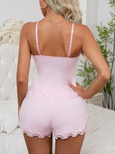 Women's Sexy Pajama Set Lace V Neck Camisole Lingerie Nightwear Cami PJ Sets with Elastic Waist Slit Shorts