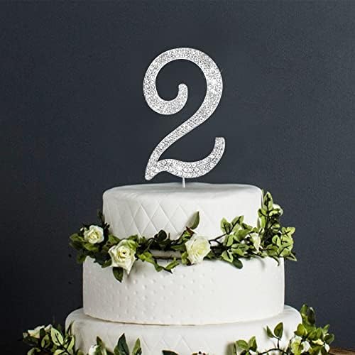 Number Cake Topper 2, UNIIDECO Silver Rhinestone Premium Metal Bling Bling Cake Decor, Sparkly Happy Birthday Wedding Anniversary Party Decoration Centerpiece (Silver, 2)