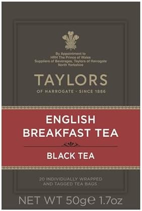 Taylors of Harrogate English Breakfast, Black Tea, Individually Wrapped Bags, 20 Count (Pack of 1), Rich, Bright & Malty, Caffeinated, Enjoy Hot or Iced, 20 Teabags