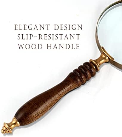 10X Handheld Magnifying Glass Lens, Antique Brass Magnifier, Fine Print Reading, Inspection, Coin & Stamp, Astrologer, Science, Low Sight Elderly, with Wooden Handle, Collectible Décor Gift
