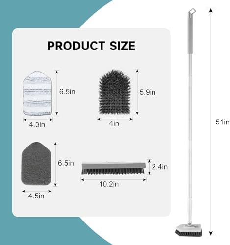 nacena Shower Scrubber with Long Handle, 4 in 1 Tile Tub Scrubber Brush with 3 Detachable Cleaning Heads and V-Shaped Grout Brush Shower Cleaner Brush for Bathroom Kitchen Toilet Tub Sink, Grey White