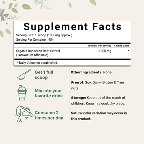 Organic Dandelion Root Tea Powder, 1lb | Up to 450 Servings | Premium Source for Daily Beverage | 100% Pure Dandelion Supplement | Caffeine Free, Non-GMO, No Sugar, Eco-Friendly Recyclable Bags