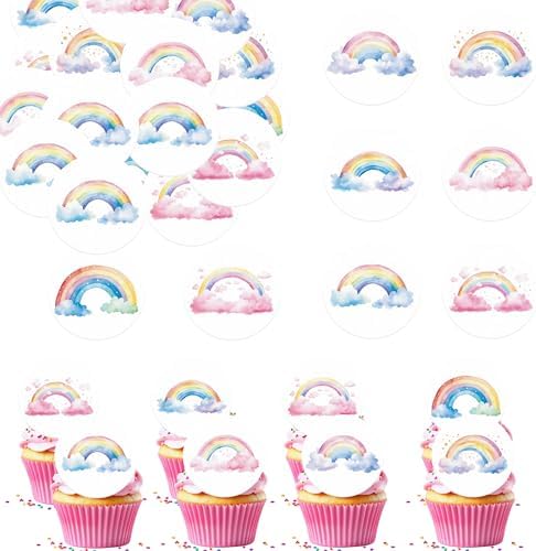 36PCS Edible Rainbow Cupcake Toppers Wafer Paper Groovy Cake Picks Edible Hippie Rain Bow Cake Topper Two Groovy Cupcake Picks for Hippie Theme Party Decor