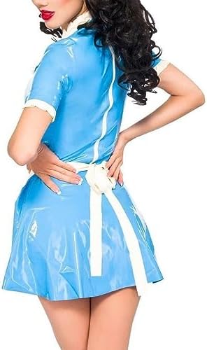 Natural latexLake Blue and White Maid Latex Dresses with Apron Zipper at Back Puffs Short Sleeves Rubber Uniform