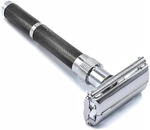 Parker, 96R Graphite Gray Long Handle Butterfly Open Double Edge Safety Razor for Men, 5 Parker Premium Platinum Double Edge Razor Blades Included