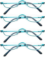 KoKoBin Half Reading Glasses,4 Pack Half Rim Metal Frame Glasses Spring Hinge Readers with Leather Pouch for Men and Women (Blue,1.50)