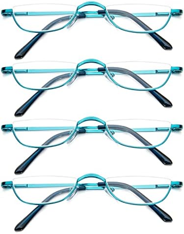 KoKoBin Half Reading Glasses,4 Pack Half Rim Metal Frame Glasses Spring Hinge Readers with Leather Pouch for Men and Women (Blue,1.50)
